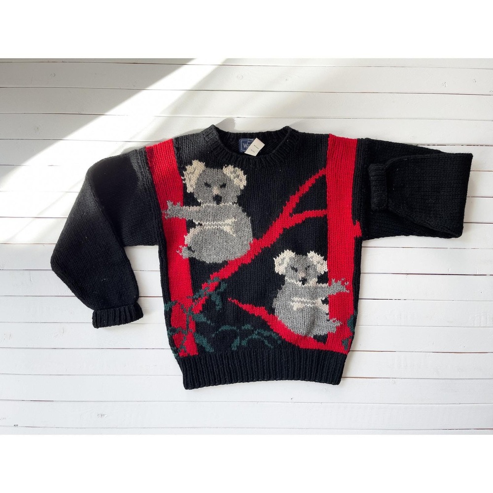 Woolrich black wool sweater koala bear intarsia novelty sweater